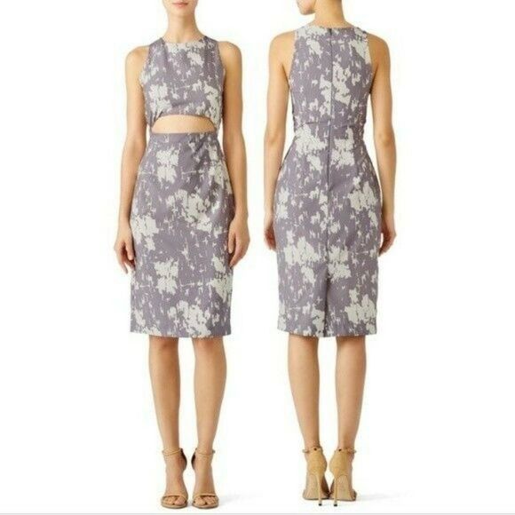 Karen Zambos Size M Rhys Grey Ivory Printed Crepe Cutout Sheath Dress - Picture 2 of 12